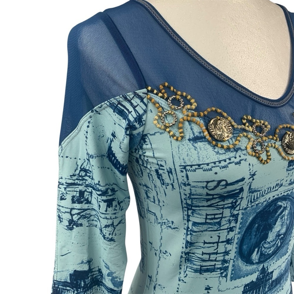 Save the Queen Vintage Graphic Top Sheer Panels Embellished 3/4 Sleeves Blues MS - Picture 5 of 16